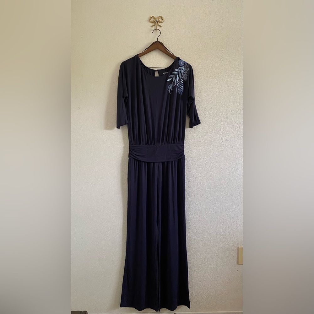 Soft Surroundings Garbo Embroidered Jumpsuit Modal Jersey Knit Wide Leg XSmall